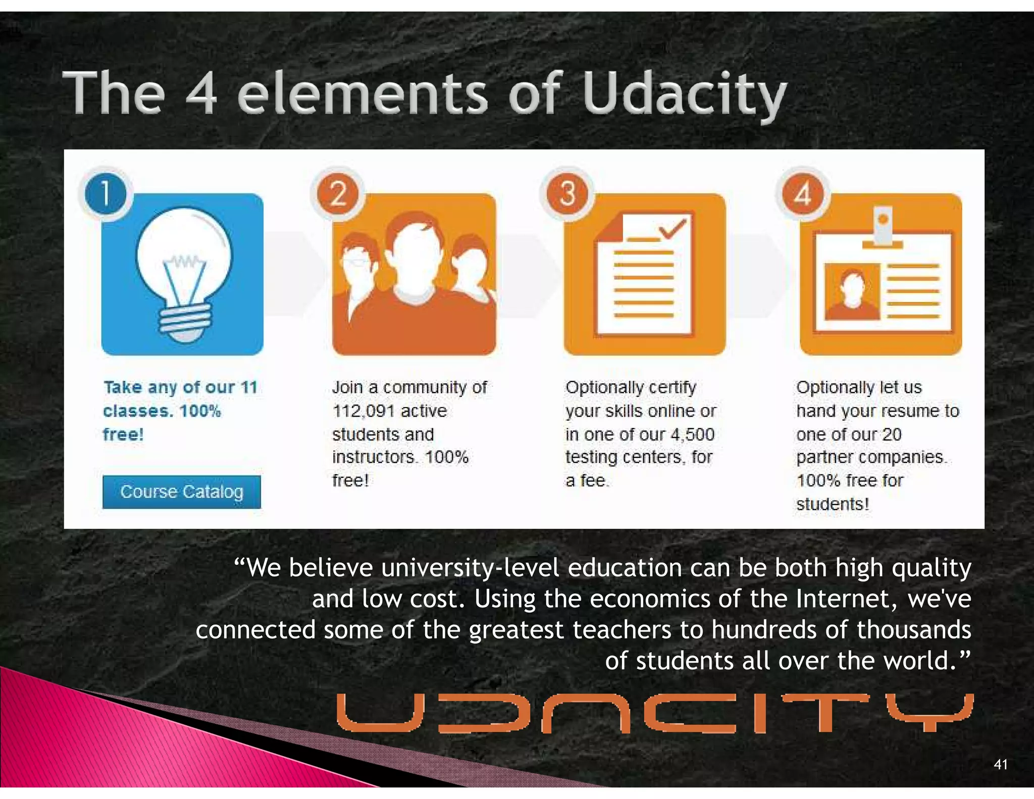 “We believe university-level education can be both high quality
         and low cost. Using the economics of the Internet, we've
connected some of the greatest teachers to hundreds of thousands
                                   of students all over the world.”


                                                                      41
 