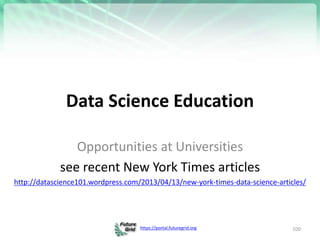 https://portal.futuregrid.org
Data Science Education
Opportunities at Universities
see recent New York Times articles
http...