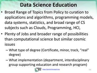 https://portal.futuregrid.org
Data Science Education
• Broad Range of Topics from Policy to curation to
applications and a...