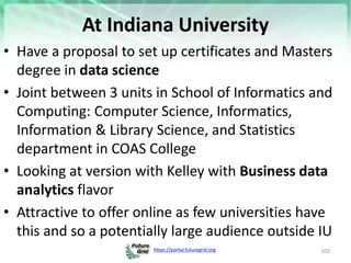 https://portal.futuregrid.org
At Indiana University
• Have a proposal to set up certificates and Masters
degree in data sc...