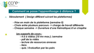 Comment se passe l'apprentissage à distance ?
Déroulement ( Design différent suivant les plateformes)
- Prise en main de la plateforme (semaine 0)
- Choix entre plusieurs parcours -> charge de travail différente
- Chaque semaine -> Ouverture d’une thématique/d’un chapitre
Les supports de cours :
- 4 à 6 vidéos (10 mn max.) /semaine
- pdf de la vidéo
- lecture de ressources annexes
- liens
- quiz / Evaluation par les pairs
 