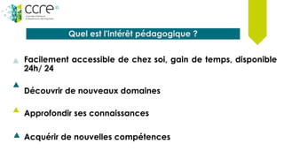 Quel est l'intérêt pédagogique ?
Facilement accessible de chez soi, gain de temps, disponible
24h/ 24
Découvrir de nouveaux domaines
Approfondir ses connaissances
Acquérir de nouvelles compétences
 