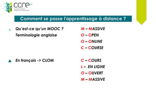 Comment se passe l'apprentissage à distance ?
Qu’est-ce qu’un MOOC ? M – MASSIVE
Terminologie anglaise O – OPEN
O – ONLINE
C – COURSE
En français -> CLOM C – COURS
L – EN LIGNE
O – OUVERT
M – MASSIVE
 