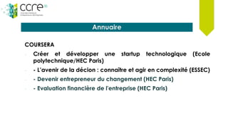 Annuaire
COURSERA
- Créer et développer une startup technologique (Ecole
polytechnique/HEC Paris)
- - L’avenir de la décion : connaître et agir en complexité (ESSEC)
- - Devenir entrepreneur du changement (HEC Paris)
- - Evaluation financière de l'entreprise (HEC Paris)
 