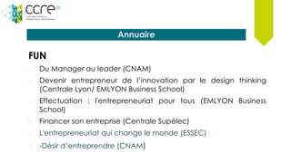 Annuaire
FUN
- Du Manager au leader (CNAM)
- Devenir entrepreneur de l’innovation par le design thinking
(Centrale Lyon/ EMLYON Business School)
- Effectuation : l'entrepreneuriat pour tous (EMLYON Business
School)
- Financer son entreprise (Centrale Supélec)
- L'entrepreneuriat qui change le monde (ESSEC)
- -Désir d’entreprendre (CNAM)
 