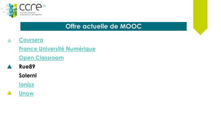 Offre actuelle de MOOC
Coursera
France Université Numérique
Open Classroom
Rue89
Solerni
Ionisx
Unow
 
