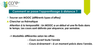 Comment se passe l'apprentissage à distance ?
Trouver son MOOC (différents types d’offres)
Chercher sa thématique
Attention à la temporalité : Un MOOC a un début et une fin fixés dans
le temps. Les cours sont délivrés par séquence, par semaine.
-> Modalités différentes selon les offres
- Cours ouvert toute l’année
- Cours-évènement – à un moment précis dans l’année.
 