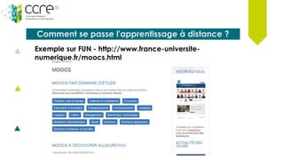 Comment se passe l'apprentissage à distance ?
Exemple sur FUN - http://www.france-universite-
numerique.fr/moocs.html
 