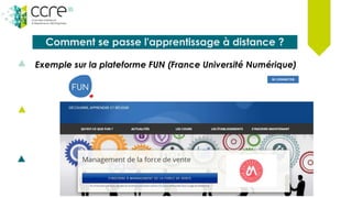Comment se passe l'apprentissage à distance ?
Exemple sur la plateforme FUN (France Université Numérique)
 
