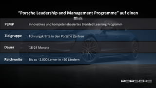 Thema
“Porsche Leadership and Management Programme” auf einen
Blick
PLMP
Zielgruppe
Dauer
Reichweite
Innovatives und kompetenzbasiertes Blended Learning Programm
Führungskräfte in den Porsche Zentren
Bis zu ~2.000 Lerner in >20 Ländern
18-24 Monate
 