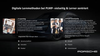 Digitale Lernmethoden bei PLMP- vielseitig & Lerner zentriert
E-Learning
Die E-Learning-Plattform stellt das
Hauptmedium für Blended Learning bei PLMP
dar, hier werden interaktive Lernmethoden mit
Texten, Videos und zusätzlichen
Lerndokumenten kombiniert um vielseitiges
Lernen zu ermöglichen und unterschiedliche
Kompetenzen anzusprechen.
Thema
Gemeinschaftlich
Interaktiv
Flexibel
Virtual Community
Unser Intranet bietet den Lernern unterschiedliche
Möglichkeiten mit Kollegen über Blogs und Chats oder
virtuelle Gruppenarbeit vernetzt zu sein. Dies vereinfacht
die Kommunikation innerhalb des PLMP Netzwerks.
Zusätzlich bietet das virtuelle Vitero Café Lernern die
Möglichkeit, sich außerhalb offizieller Termine mit
anderen Teilnehmern des Programms zum Austausch zu
treffen, Kontakte zu knüpfen und sich gegenseitig im
Lernprozess zu unterstützen.
Virtuell
Präsent
Unterstützend
Eingesetztes Tool: Manager cBook
Eingesetztes Tool: Porsche Partner Network
(Intranet)
 