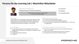 2
Persona für das Learning Lab | Maximilian Mitarbeiter
Maximilian Mitarbeiter
Projektkoordinator Vertriebsnetzentwicklung
Dynamisch
Ehrgeizig
Leistungsorientiert
Über mich … Motivation zum Lernen
Ich suche nach Anerkennung, Lob, Status
Mir ist meine persönliche Weiterentwicklung wichtig
Ich muss im Job was mit dem Gelernten anfangen können – Lernen nicht
zum Selbstzweck
Ich habe BWL an einer Top Business School studiert. Während meines
Studiums habe ich bereits bei BMW in Deutschland und New Jersey
Praktika gemacht. Bei Porsche koordiniere ich die Strategie für die
Vertriebsnetzentwicklung für die Märkte in Lateinamerika.
Im Learning Lab möchte ich mich vernetzen und mich mit den
Kollegen fachlich austauschen. Dazu gefallen mir folgende Formate:
Projektforen
Fachbezogene Weiterentwicklung
Hackathon
Erwartungen
Kann ich das Learning Lab nur nutzen, wenn mein Anlass etwas mit
„Lernen“ zu tun hat?
Wann nutze ich das Learning Lab und wann den Inno Space?
Ist jemand vor Ort, der mich in die Technik einweist?
„Ich plane meine Entwicklung bis ins letzte Detail;
Karriere ist mir extrem wichtig.“
Besondere Bedürfnisse der Persona
Das Porsche Learning Lab I MOOCamp 2020
 