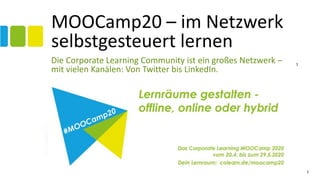 1
MOOCamp20 – im Netzwerk
selbstgesteuert lernen
Die Corporate Learning Community ist ein großes Netzwerk –
mit vielen Kanälen: Von Twitter bis LinkedIn.
1
 