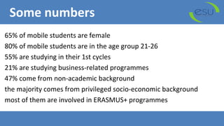 Some numbers
65% of mobile students are female
80% of mobile students are in the age group 21-26
55% are studying in their 1st cycles
21% are studying business-related programmes
47% come from non-academic background
the majority comes from privileged socio-economic background
most of them are involved in ERASMUS+ programmes
 