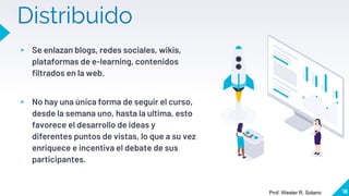 Distribuido
▸ Se enlazan blogs, redes sociales, wikis,
plataformas de e-learning, contenidos
filtrados en la web.
▸ No hay una única forma de seguir el curso,
desde la semana uno, hasta la ultima, esto
favorece el desarrollo de ideas y
diferentes puntos de vistas, lo que a su vez
enriquece e incentiva el debate de sus
participantes.
18
Prof. Wester R. Solano
 