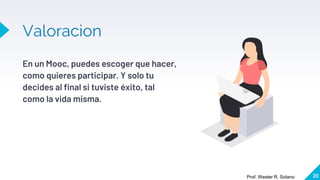 Valoracion
En un Mooc, puedes escoger que hacer,
como quieres participar. Y solo tu
decides al final si tuviste éxito, tal
como la vida misma.
20
Prof. Wester R. Solano
 