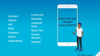 21
o Coursera
o Udacity
o edX
o Khan
o Academy
o Udemy
o Codecademy
Sitios web que
ofrecen
cursos MOOC
o Lynda.com
o SkilledUp
o Academic
Earth
o Saylor.org
o Canvas
Network
o MiríadaX
Prof. Wester R. Solano
 