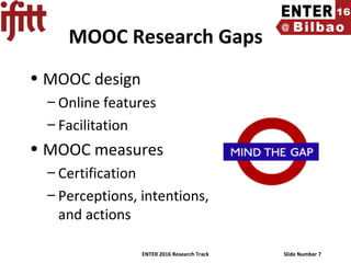ENTER 2016 Research Track Slide Number 7
MOOC Research Gaps
• MOOC design
– Online features
– Facilitation
• MOOC measures
– Certification
– Perceptions, intentions,
and actions
 