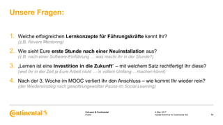 Public
CoLearn & Continental
1. Welche erfolgreichen Lernkonzepte für Führungskräfte kennt Ihr?
(z.B. Revers Mentoring)
2. Wie sieht Eure erste Stunde nach einer Neuinstallation aus?
(z.B. nach einer Software-Einführung … was macht Ihr in der Stunde?)
3. „Lernen ist eine Investition in die Zukunft“ – mit welchem Satz rechtfertigt Ihr diese?
(weil Ihr in der Zeit ja Eure Arbeit nicht … in vollem Umfang… machen könnt)
4. Nach der 3. Woche im MOOC verliert Ihr den Anschluss – wie kommt Ihr wieder rein?
(der Wiedereinstieg nach gewollt/ungewollter Pause im Social Learning)
Unsere Fragen:
4 May 2017
14Harald Schirmer © Continental AG
 