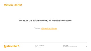 Public
CoLearn & Continental
Wir freuen uns auf die Woche(n) mit intensivem Austausch!
Twitter: @haraldschirmer
Vielen Dank!
4 May 2017
15Harald Schirmer © Continental AG
 