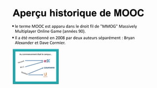  le terme MOOC est apparu dans le droit fil de "MMOG" Massively
Multiplayer Online Game (années 90).
 Il a été mentionné en 2008 par deux auteurs séparément : Bryan
Alexander et Dave Cormier.
Aperçu historique de MOOC
 