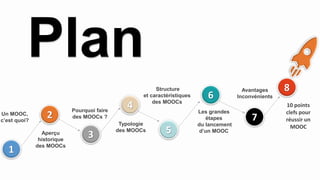 1
5
6
Un MOOC,
c’est quoi?
Pourquoi faire
des MOOCs ?
Structure
et caractéristiques
des MOOCs
Plan
Aperçu
historique
des MOOCs
7
8
Les grandes
étapes
du lancement
d’un MOOC
Typologie
des MOOCs
4
2
3
Avantages
Inconvénients
10 points
clefs pour
réussir un
MOOC
 
