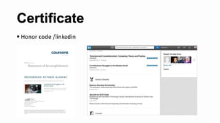 Certificate
 Honor code /linkedin
 