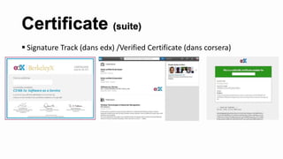  Signature Track (dans edx) /Verified Certificate (dans corsera)
Certificate (suite)
 