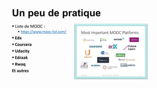 Un peu de pratique
 Liste de MOOC :
 https://www.mooc-list.com/
 Edx
 Coursera
 Udacity
 Edraak
 Rwaq
Et autres
 
