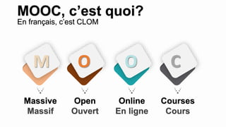 Massive
Massif
M
Open
Ouvert
O
Online
En ligne
O
Courses
Cours
C
MOOC, c’est quoi?
En français, c’est CLOM
 
