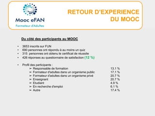 RETOUR D’EXPERIENCE
DU MOOC
Du côté des participants au MOOC
• 3653 inscrits sur FUN
• 690 personnes ont répondu à au moins un quiz
• 315 personnes ont obtenu le certificat de réussite
• 426 réponses au questionnaire de satisfaction (12 %)
• Profil des participants :
➢ Responsable de formation 13.1 %
➢ Formateur d'adultes dans un organisme public 17.1 %
➢ Formateur d'adultes dans un organisme privé 20.7 %
➢ Enseignant 20.7 %
➢ Etudiant 4.9 %
➢ En recherche d'emploi 6.1 %
➢ Autre 17.4 %
 
