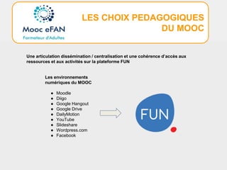 LES CHOIX PEDAGOGIQUES
DU MOOC
Une articulation dissémination / centralisation et une cohérence d’accès aux
ressources et aux activités sur la plateforme FUN
Les environnements
numériques du MOOC
● Moodle
● Diigo
● Google Hangout
● Google Drive
● DailyMotion
● YouTube
● Slideshare
● Wordpress.com
● Facebook
 