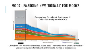 MOOC : EMERGING NEW ‘NORMAL’ FOR MOOCS 
Only about 10% will finish the course. Is that bad? There are a lot of lurkers. Is that bad? 
We can’t judge new formats with old mindsets, metrics or expectations. 
 