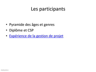 Les participants
• Pyramide des âges et genres
• Diplôme et CSP
• Expérience de la gestion de projet
29/05/2013
 