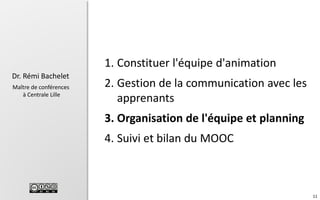 1. Constituer l'équipe d'animation
Dr. Rémi Bachelet
Maître de conférences
à Centrale Lille

2. Gestion de la communication avec les
apprenants
3. Organisation de l'équipe et planning
4. Suivi et bilan du MOOC

11

 