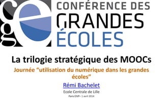 La trilogie stratégique des MOOCs
Journée “utilisation du numérique dans les grandes
écoles”
Rémi Bachelet
Ecole Centrale de Lille
Paris EIVP– 1 avril 2014
 