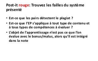 Post-it rouge: Trouvez les failles du système
présenté
• Est-ce que les pairs détectent le plagiat ?
• Est-ce que l’EP s’applique à tout type de contenu et
à tous types de compétences à évaluer ?
• L’objet de l’apprentissage n’est pas ce que l’on
évalue avec le bonus/malus, alors qu’il est intégré
dans la note
 