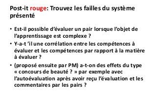 Post-it rouge: Trouvez les failles du système
présenté
• Est-il possible d’évaluer un pair lorsque l’objet de
l’apprentissage est complexe ?
• Y-a-t ’il une corrélation entre les compétences à
évaluer et les compétences par rapport à la matière
à évaluer ?
• (proposé ensuite par PM) a-t-on des effets du type
« concours de beauté ? » par exemple avec
l’autoévaluation après avoir reçu l’évaluation et les
commentaires par les pairs ?
 