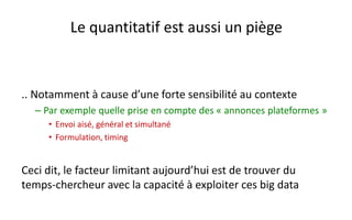Recherches en cours..
• Environnement optimal d'apprentissage et Flow
• Dimension socio-affective et abandon
• Preuve d'un apprentissage effectif
• Formation de dyades et de groupes d’étudiants
• Reccurring students
• Partenariats avec les institutions et professeurs
– intégrer un MOOC à un cursus
 