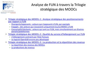 Analyse de FUN à travers la Trilogie stratégique des MOOCs 
•Trilogie stratégique des MOOCs 1 : Analyse stratégique des po...