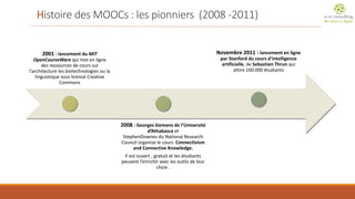 Histoire des MOOCs: les pionniers (2008 -2011) 
2001: lancement du MIT OpenCourseWarequi met en ligne des ressources de cours sur l’architecture les biotechnologies ou la linguistique sous licence CreativeCommons 
2008: Georges Siemensde l’Université d’Athabasca et StephenDownesduNational ResearchCouncil organise le cours Connectivismand Connective Knowledge. 
Il est ouvert , gratuit et les étudiants peuvent l’enrichir avec les outils de leur choix . 
Novembre 2011 : lancement en ligne par Stanford du cours d’intelligence artificielle, de SebastienThrun.quiattire 160.000 étudiants  