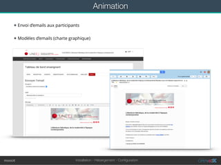 Installation - Hébergement - Conﬁgurationmoocit
Animation
★ Envoi d’emails aux participants
★ Modèles d’emails (charte graphique)
 