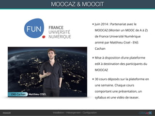 Installation - Hébergement - Conﬁgurationmoocit
MOOCAZ & MOOCIT
★ Juin 2014 : Partenariat avec le
MOOCAZ (Monter un MOOC de A à Z)
de France Université Numérique
animé par Matthieu Cisel - ENS
Cachan
★ Mise à disposition d’une plateforme
edX à destination des participants du
MOOCAZ
★ 30 cours déposés sur la plateforme en
une semaine. Chaque cours
comportant une présentation, un
syllabus et une vidéo de teaser.
 