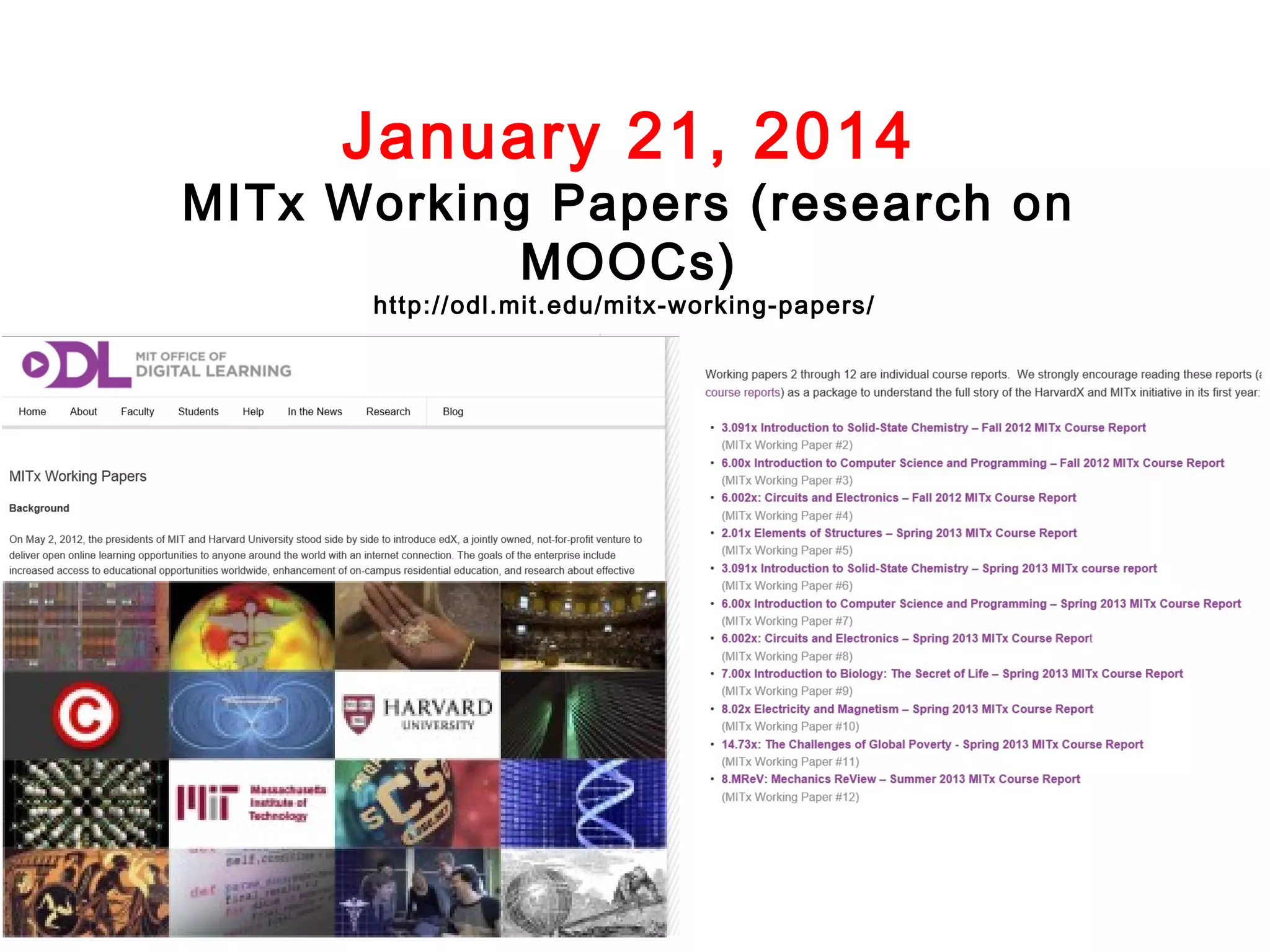 January 21, 2014

MITx Working Papers (research on
MOOCs)
http://odl.mit.edu/mitx-working-papers/

 