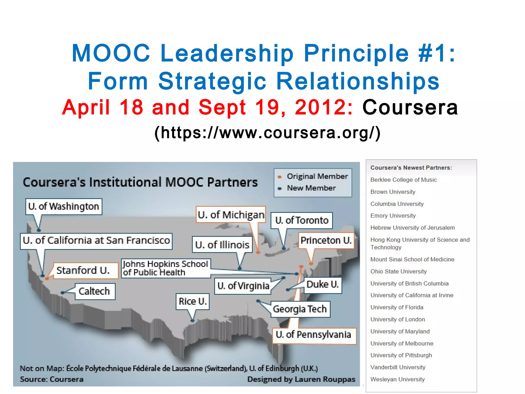 MOOC Leadership Principle #1:
Form Strategic Relationships

April 18 and Sept 19, 2012: Coursera
(https://www.coursera.org/)

 
