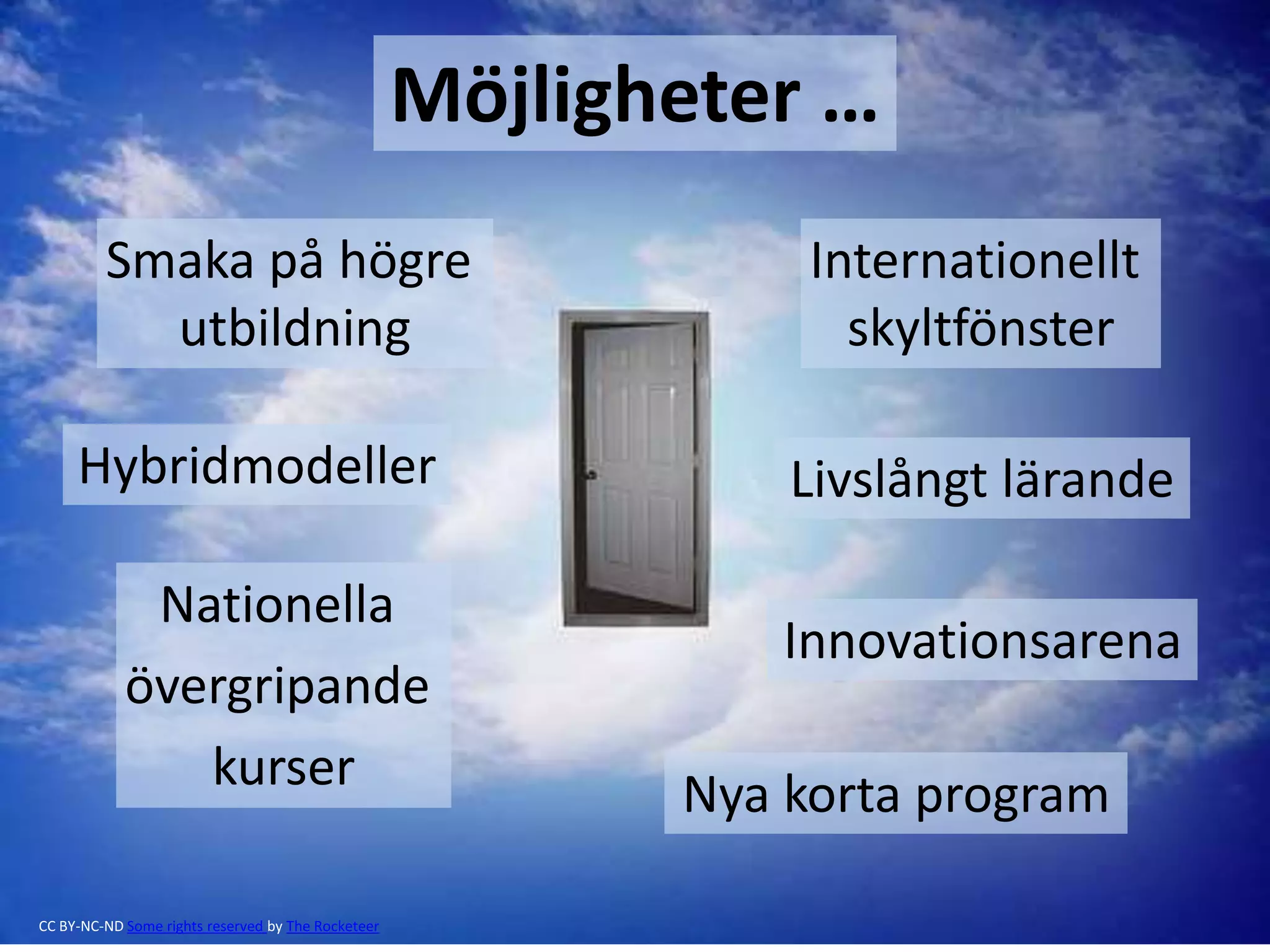 Möjligheter …
Innovationsarena
Smaka på högre
utbildning
Nationella
övergripande
kurser
Livslångt lärande
Internationellt
skyltfönster
Hybridmodeller
Nya korta program
CC BY-NC-ND Some rights reserved by The Rocketeer
 