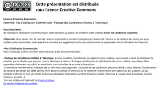 Licence Creative Commons:
Paternité- Pas d'Utilisation Commerciale –Partage des Conditions Initiales à l'Identique
Vous êtes libres:
de reproduire, distribuer et communiquer cette création au public, de modifier cette création Selon les conditions suivantes:
•Paternité. Vous devez citer le nom de l'auteur original de la manière indiquée par l'auteur de l'œuvre ou le titulaire des droits qui vous
confère cette autorisation (mais pas d'une manière qui suggérerait qu'ils vous soutiennent ou approuvent votre utilisation de l‘oeuvre).
•Pas d'Utilisation Commerciale.
Vous n'avez pas le droit d'utiliser cette création à des fins commerciales.
•Partage des Conditions Initiales à l'Identique. Si vous modifiez, transformez ou adaptez cette création, vous n'avez le droit de distribuer la
création qui en résulte que sous un contrat identique à celui-ci. A chaque réutilisation ou distribution de cette création, vous devez faire
apparaître clairement au public les conditions contractuelles de sa mise à disposition.
La meilleure manière de les indiquer est un lien vers cette page web. Chacune de ces conditions peut être levée si vous obtenez l'autorisation
du titulaire des droits sur cette œuvre. Rien dans ce contrat ne diminue ou ne restreint le droit moral de l'auteur ou des auteurs. Ce qui
précède n'affecte en rien vos droits en tant qu'utilisateur (exceptions au droit d'auteur: copies réservées à l'usage privé du copiste, courtes
citations, parodie...)
Ceci est le Résumé Explicatif du Code Juridique
(la version intégrale du contrat).
Cette présentation est distribuée
sous licence Creative Commons
 