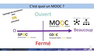 Ouvert
Fermé
O Beaucoup
Christophe BATIER / Université de la Polynésie Française / JIP2019 / Papeete Mercredi 23 Octobre 2019 UPF
MOOC
C’est quoi un MOOC ?
SPOC
Small Private Online Courses
Massive Open Online Course
COOC
Corporate Open Online Course
 