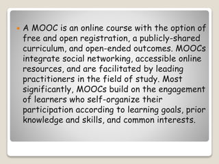 • Students can share work, critique and
receive others feedback. Provide online
interaction amongst students.
• Some enthu...
