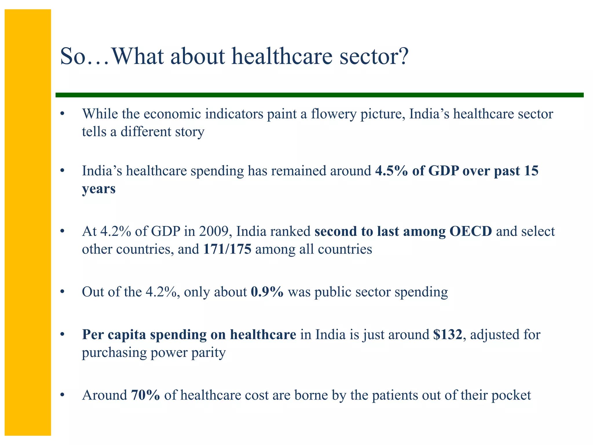 So…What about healthcare sector?
• While the economic indicators paint a flowery picture, India’s healthcare sector
tells a different story
• India’s healthcare spending has remained around 4.5% of GDP over past 15
years
• At 4.2% of GDP in 2009, India ranked second to last among OECD and select
other countries, and 171/175 among all countries
• Out of the 4.2%, only about 0.9% was public sector spending
• Per capita spending on healthcare in India is just around $132, adjusted for
purchasing power parity
• Around 70% of healthcare cost are borne by the patients out of their pocket
 